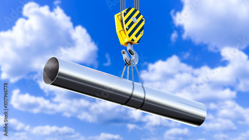 Φωτογραφία Pipe hangs on hook of tower crane