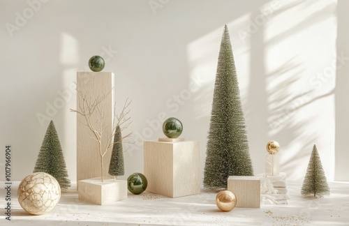A minimalist display of festive trees and decorative ornaments for a serene h...