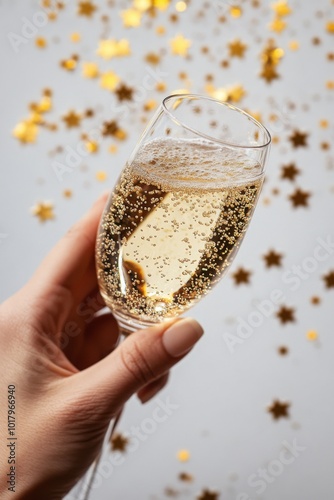 Celebrating with a glass of sparkling wine surrounded by golden stars for a f...