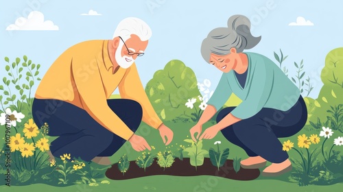 A couple gardening together, planting seedlings in a lush outdoor setting.