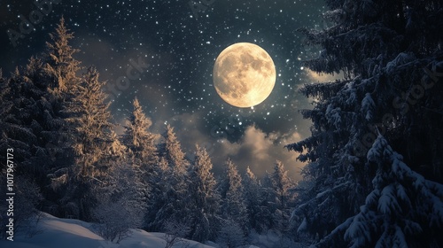 A snowy winter night illuminated by a full moon over a tranquil forest landscape