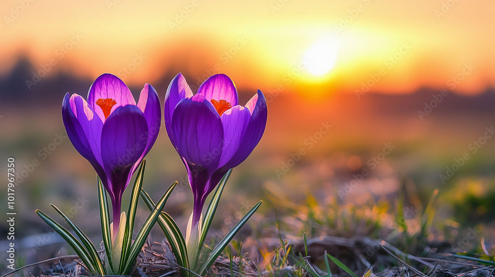Two Purple Crocuses Blooming in a Field at Sunset, Two Purple Crocuses Blooming in a Field at Sunset,