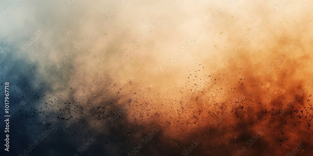 Dust and smoke particles in warm gradient background with brown and blue tones. Atmospheric textured cloud with abstract grainy effect. Dust and smoke particles in warm gradient background with brown and blue tones. Atmospheric textured cloud with abstract grainy effect.