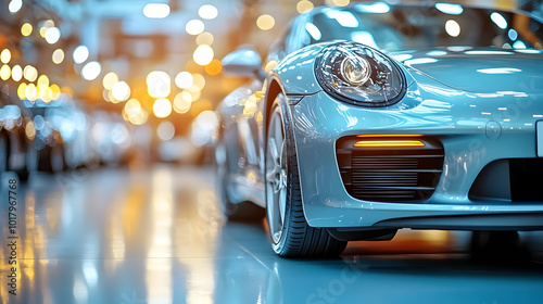 A sleek car showcased in a well-lit showroom environment.