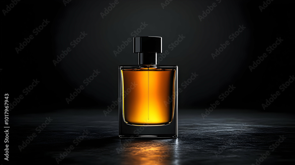 A sleek glass perfume bottle with amber liquid against a dark background. A sleek glass perfume bottle with amber liquid against a dark background.