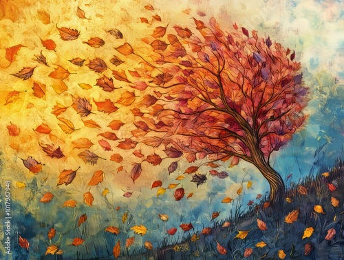 Whirling Autumn Wind with Vibrant Falling Leaves photo