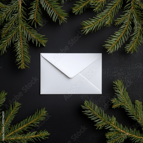 A simple white envelope surrounded by pine branches and cones for festive hol...