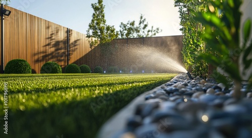 Lawn irrigation in a modern garden at sunset with fresh grass and lush greene...