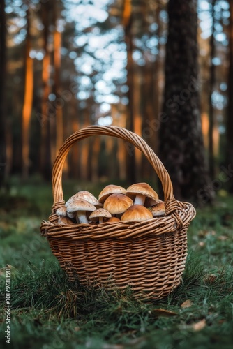 Gathering fresh mushrooms in a woven basket during a sunny autumn day in the ...