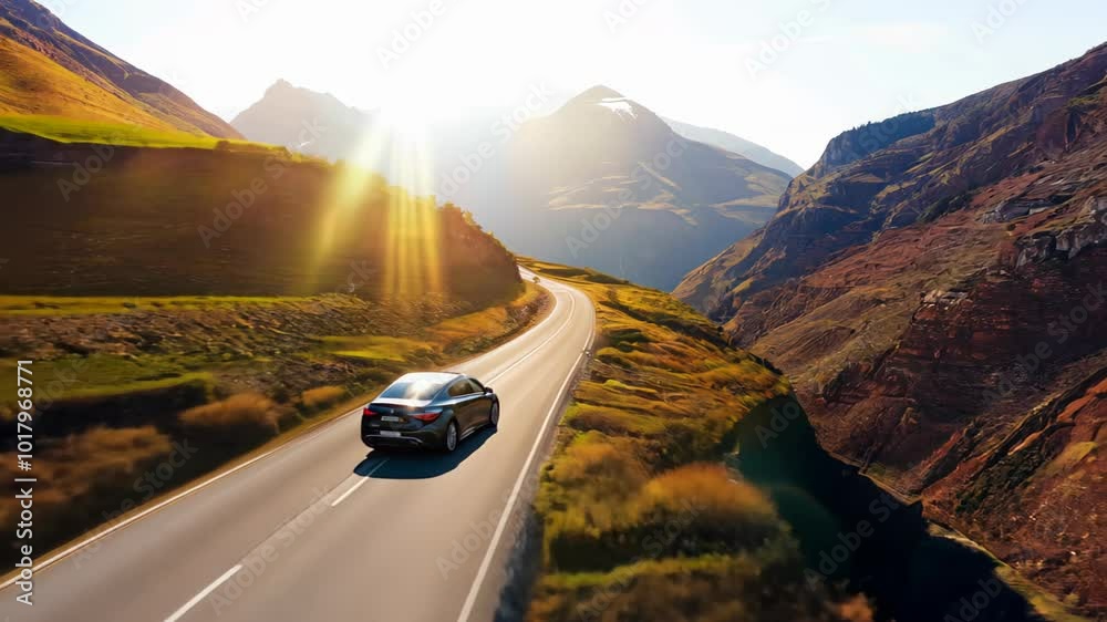 car driving on a winding mountain road during sunset, with golden light illuminating the scenic landscape of hills and valleys