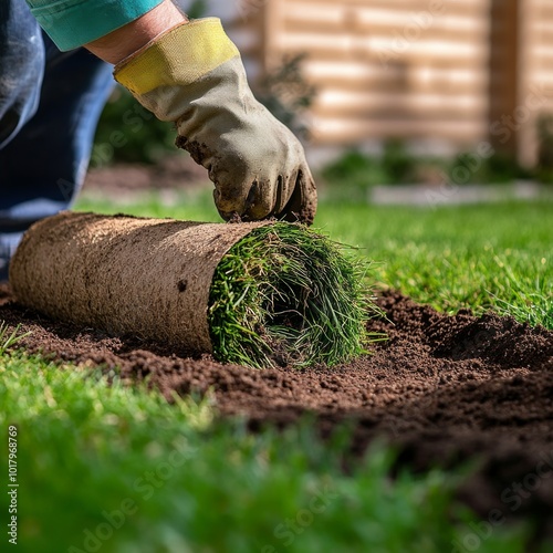 Laying fresh sod in a residential yard during a sunny afternoon to enhance la...