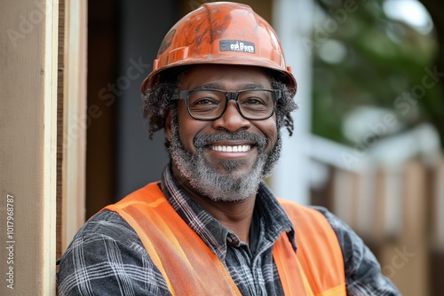 Man wearing a hard hat and orange vest is smiling. Smiling construction worker, happy bricklayer, cheerful builder, wearing safety vest and helmet, outdoor work site, sunny day construction concept