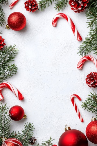 Festive holiday decor with red ornaments, candy canes, and evergreen branches