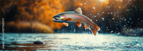 A rainbow trout leaps from the water in a tranquil river during sunset, surro...