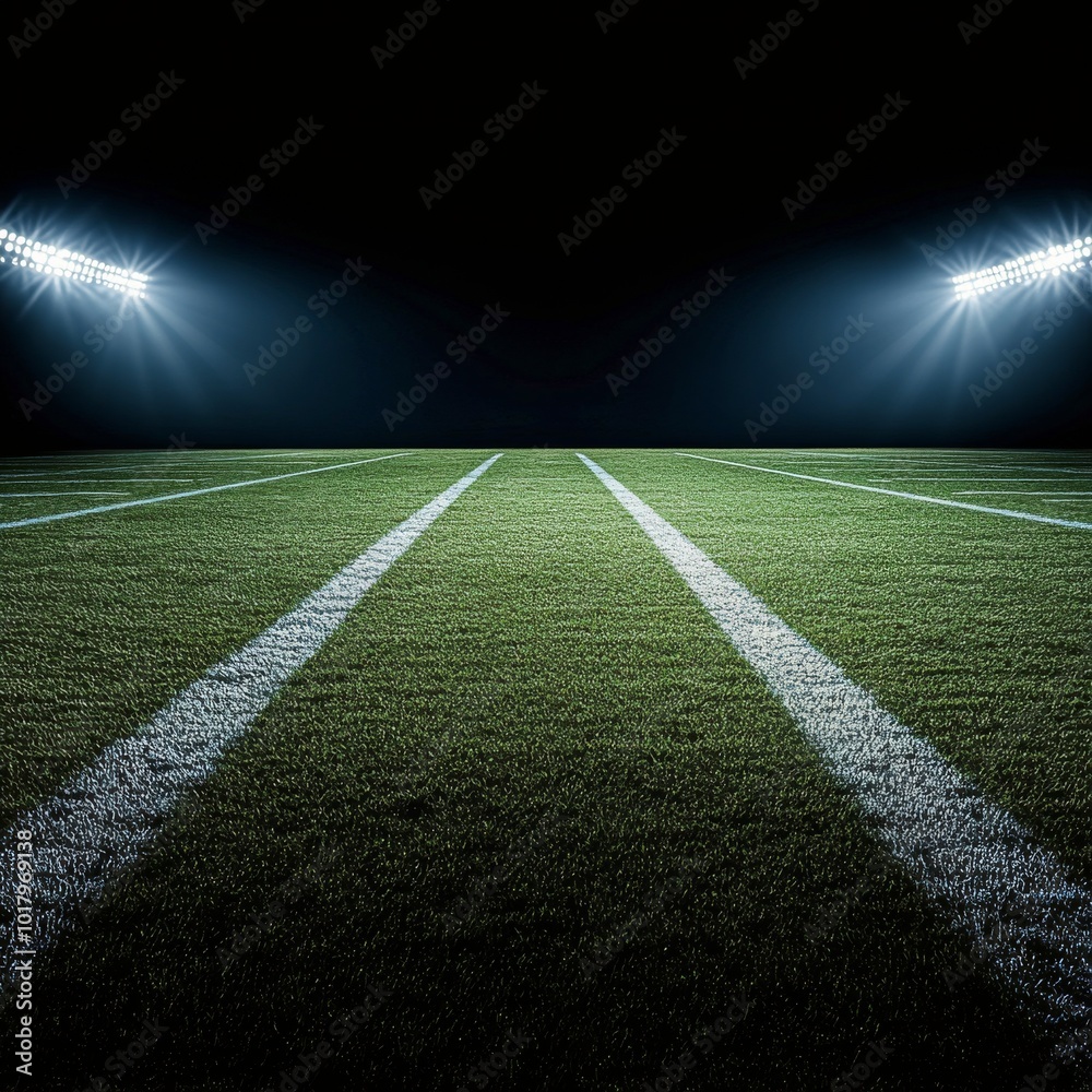 Obraz premium Bright stadium lights illuminate an empty football field during nighttime in a quiet atmosphere