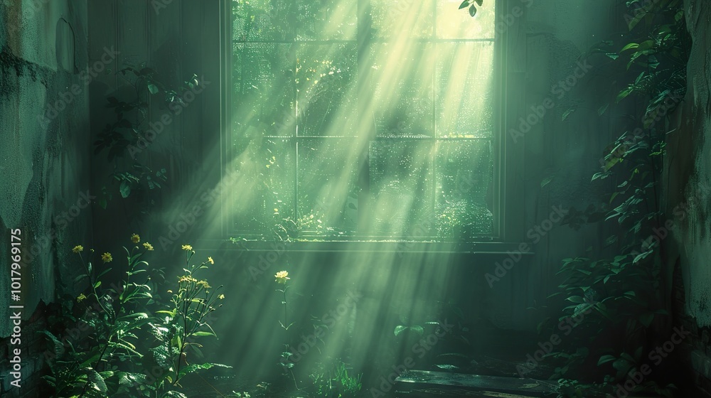 Sunbeams Through a Window in an Overgrown Abandoned Room Sunbeams Through a Window in an Overgrown Abandoned Room