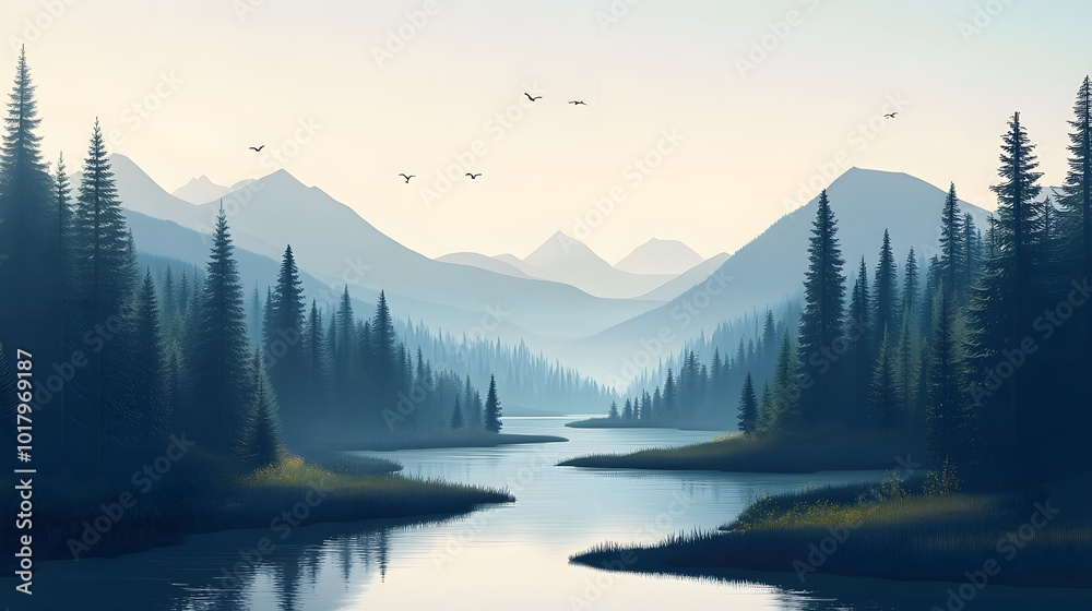 Tranquil Forestscape - Minimalist Vector Illustration of Serene River, Mountains, and Clear Sky in Soft Color Palette Tranquil Forestscape - Minimalist Vector Illustration of Serene River, Mountains, and Clear Sky in Soft Color Palette