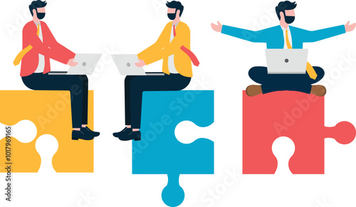Teamwork, a group of white collar workers sitting on a puzzle and working together to discuss

