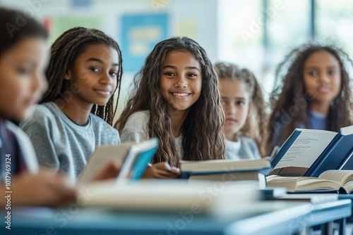 A diverse group of girls engaged in reading and studying in a bright classroom, showcasing teamwork and enthusiasm for learning.