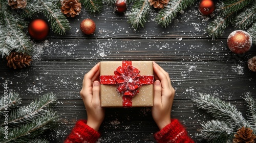 A festive gift wrapped in red paper held by softly manicured hands during the...