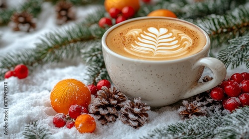 Warm cup of spiced beverage surrounded by winter decor and holiday elements o...