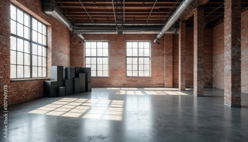 An empty industrial loft space with large windows letting in natural light, creating an open and airy atmosphere. The image highlights the architecture and potential of the raw, open space.