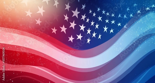Vibrant portrayal of American flag elements with flowing red, white, and blue...