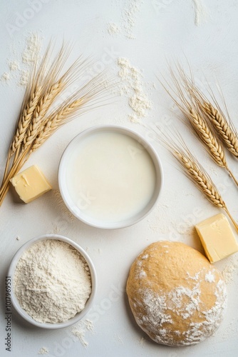 Preparing dough with flour, milk, butter, and grains for homemade baked goods