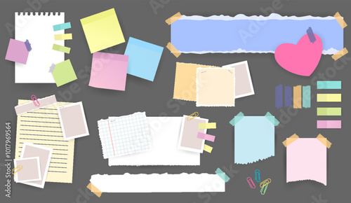 Paper notes stickers. Set of different vector note papers. Blank of multicolor stickers. Sticky sheets of various colors and size vector illustration