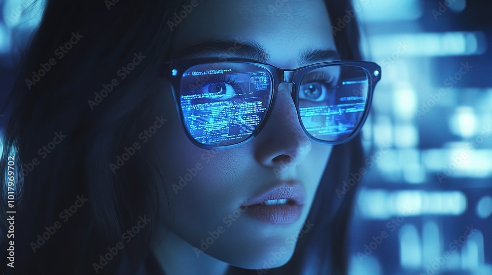 Young Woman with Technology in Blue Reflection Young Woman with Technology in Blue Reflection