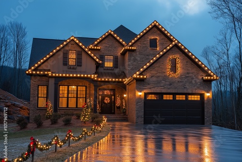 House with a lot of lights on it. The lights are on the roof and the house is very big. suburban christmas lights exterior house