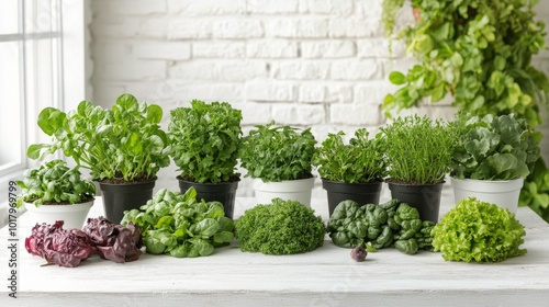 Fresh herbs and leafy greens arranged on a table with natural light from a ne...