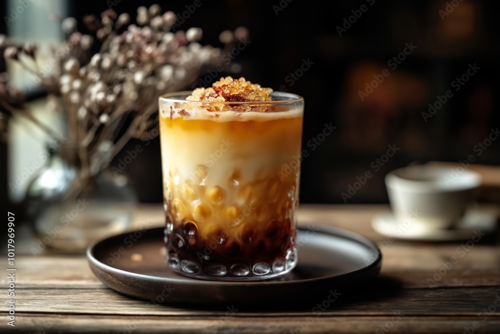 Glass of coffee with a flower vase on the table. The vase is filled with white flowers. sweet brown sugar milk tea Glass of coffee with a flower vase on the table. The vase is filled with white flowers. sweet brown sugar milk tea