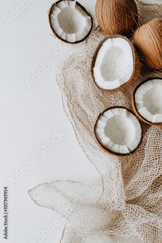 Natural coconuts displayed on a white fabric background in a minimalistic set...