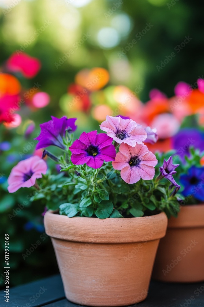 Colorful petunias in clay pots on a garden table during a sunny afternoon in spring Colorful petunias in clay pots on a garden table during a sunny afternoon in spring
