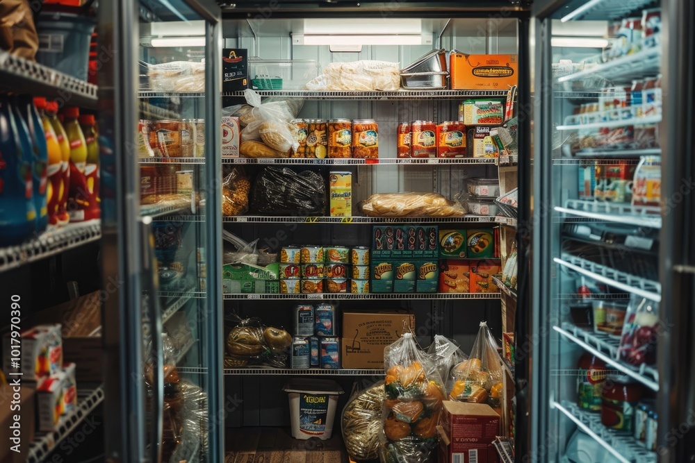 Fototapeta premium Organized Pantry with Diverse Food Jars, Cans, and Fresh Vegetables on Shelves