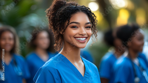 A smiling healthcare professional in scrubs with colleagues behind her.