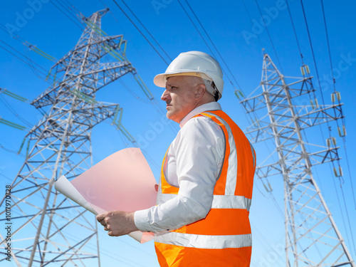 Man electrician among high-...