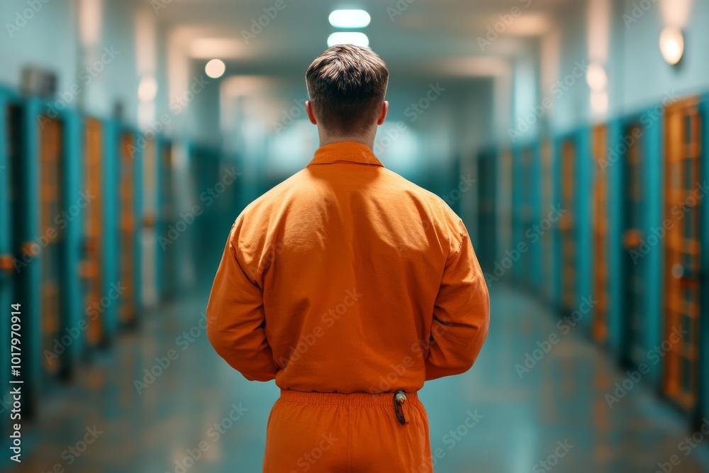 Fototapeta premium Prisoner in Orange Uniform Standing in Front of a Prison