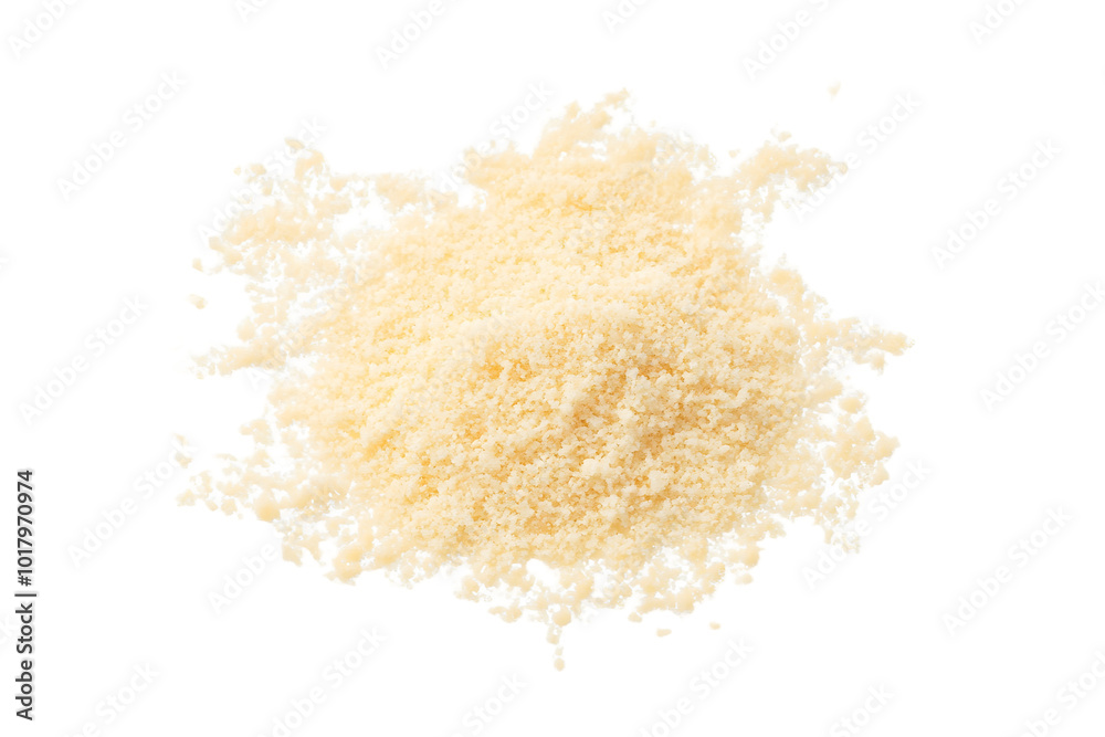 Parmesan cheese grated isolated on white, top view Parmesan cheese grated isolated on white, top view