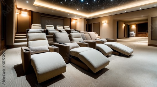 Luxurious home theater with comfortable reclining chairs, cup holders, and ambient lighting. The room features a starfield ceiling and modern design elements.