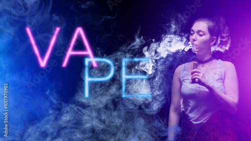 Woman smokes vape. Girl wit...
