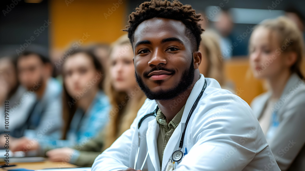 A smiling medical student in a classroom setting with peers. A smiling medical student in a classroom setting with peers.