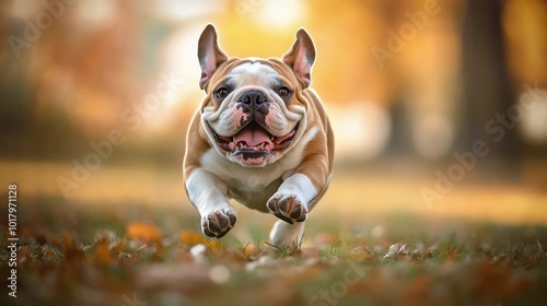 A joyful bulldog running through a sunny park filled with autumn leaves durin...