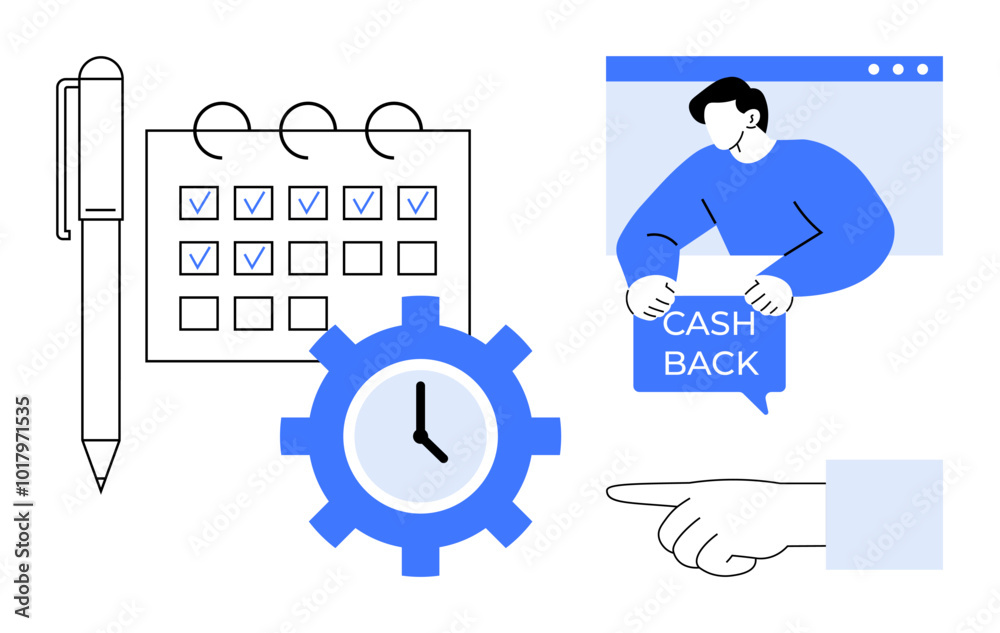 Pen, calendar, clock gear, and person with cash back sign. Ideal for productivity, financial planning, time management, business strategy, and efficiency. Clean, modern style Pen, calendar, clock gear, and person with cash back sign. Ideal for productivity, financial planning, time management, business strategy, and efficiency. Clean, modern style