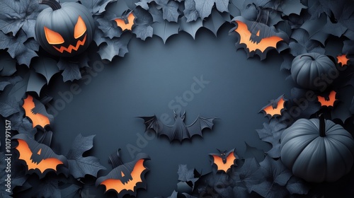 A spooky Halloween decoration featuring pumpkins, bats, and autumn leaves in dark colors photo