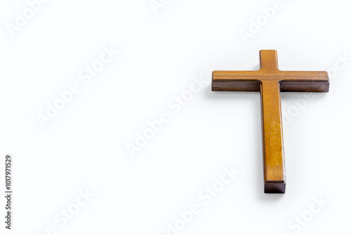 Wooden religion cross isolated over white background. Religious christian holiday. Symbol of faith in God, Christianity Feast, Easter, Good Friday, Palm Sunday