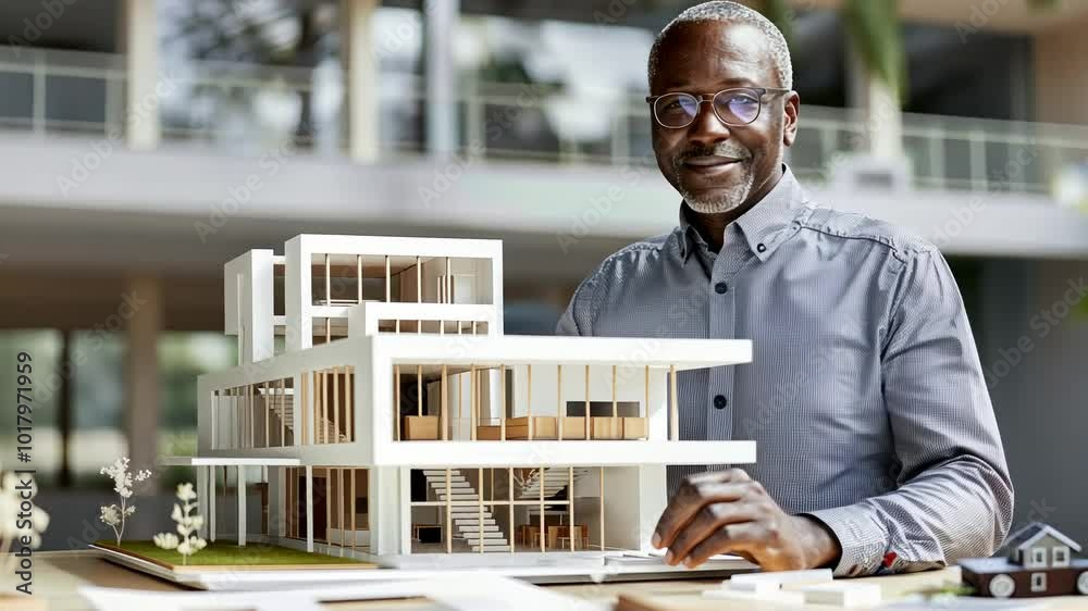 An Architect Showcases A Detailed Building Model In A Bright Modern