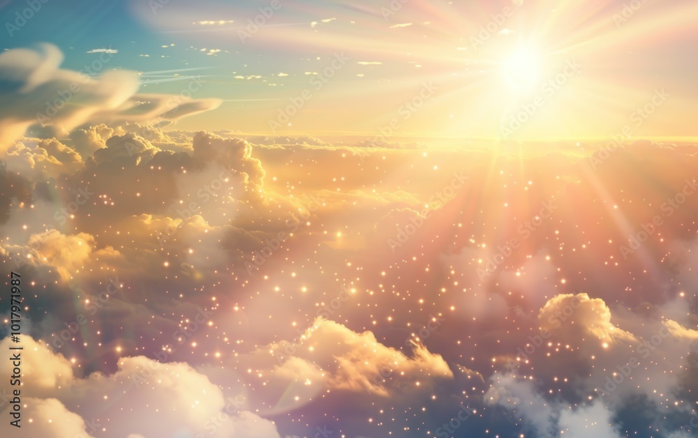 Magical sunrise above the clouds with golden sunlight and glittering ...