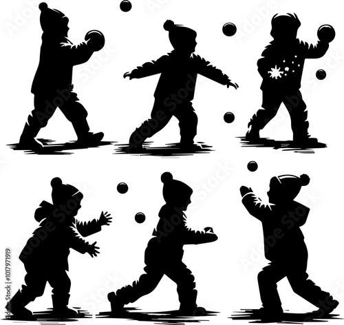 silhouettes of children playing winter games, playing snowballs